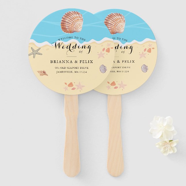 Leque Casamento de Verão no Oceano Azul Minimalista (Frente e Verso)