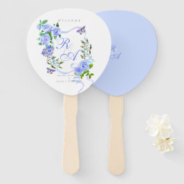 Leque Casamento do Monograma da Fita Rosa Azul