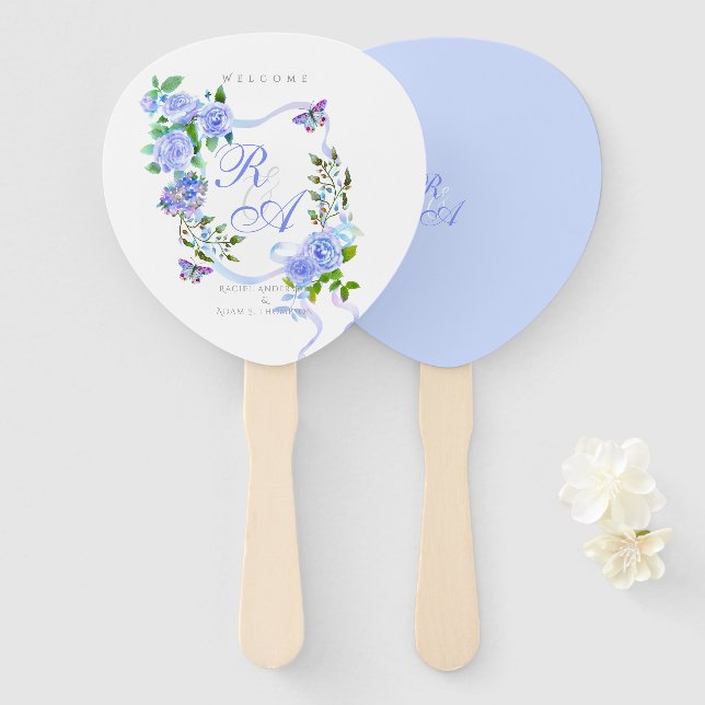 Leque Casamento do Monograma da Fita Rosa Azul (Frente e Verso)