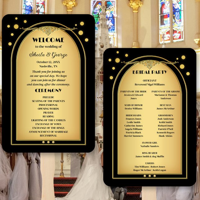Leque Casamento Dourado Negro de Confetti Sparkles (Classic gold and black wedding program hand fan with elegant sparkling gold confetti.)