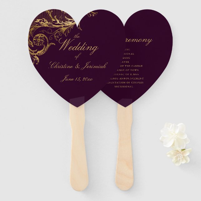 Leque Casamento Dourado Roxo Roxo Roxo com Script de Dam (Frente e Verso)