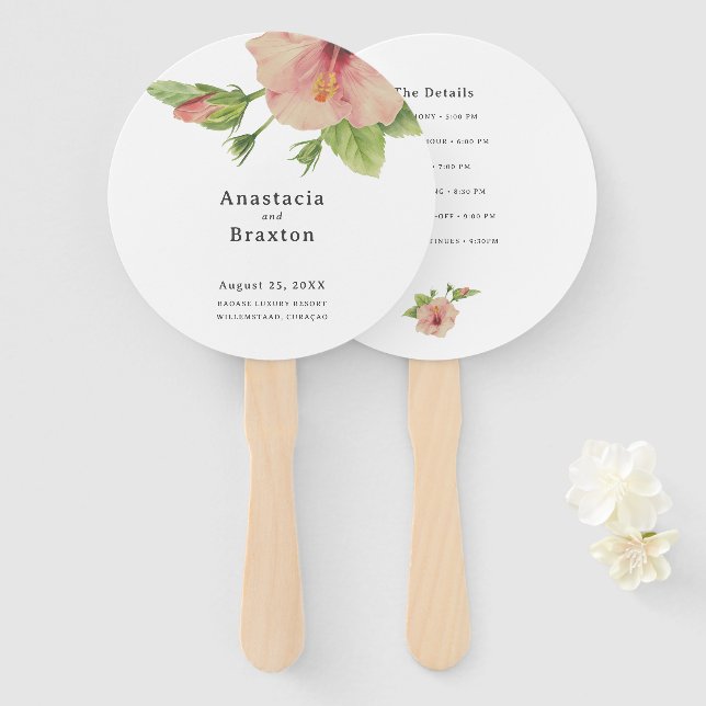 Leque Casamento Elegante com Hibiscos Tropicais (Frente e Verso)