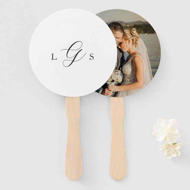Leque Casamento Elegante com Monograma Preto e Branco At (Frente e Verso)