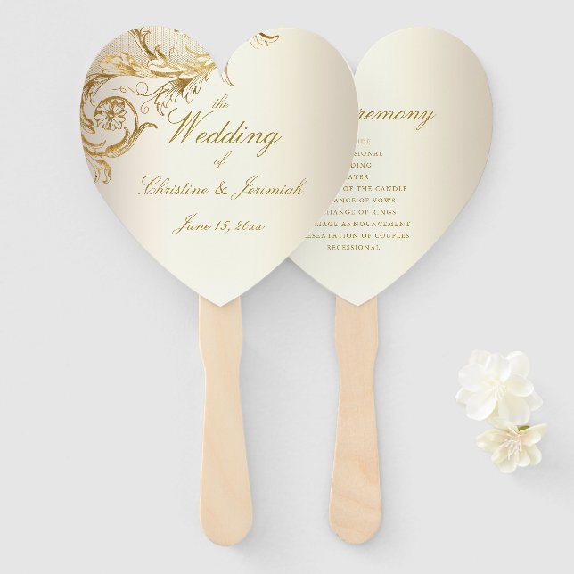 Leque Casamento Elegante de Script Dourado Floral Damask (Frente e Verso)