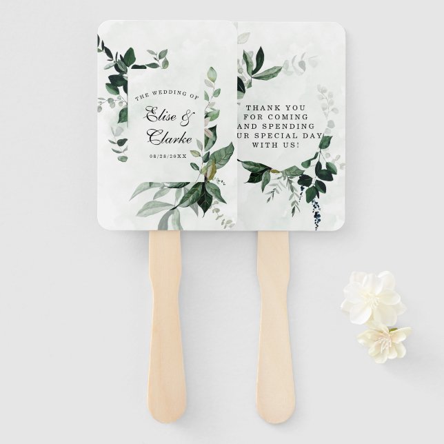 Leque Casamento Eucalyptus com Aquarela Renovada Rustica (Frente e Verso)