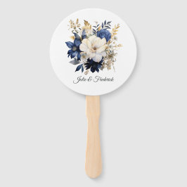 Leque Casamento Floral Azul Marinho, Branco e Dourado