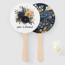 Leque Casamento Floral Azul Marinho e Dourado