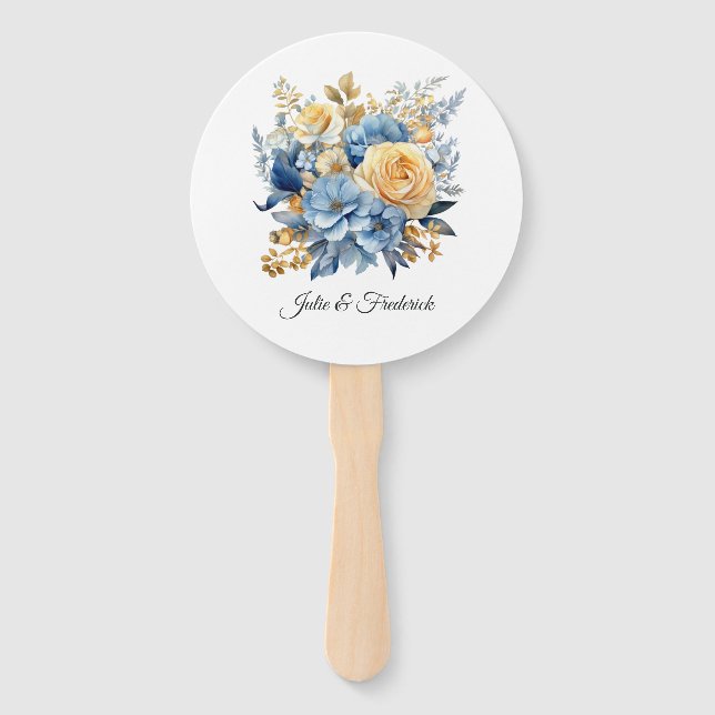 Leque Casamento Floral Azul Poeira e Dourado (Frente)