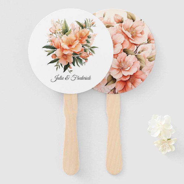 Leque Casamento Floral com Peach Fuzz (Frente e Verso)