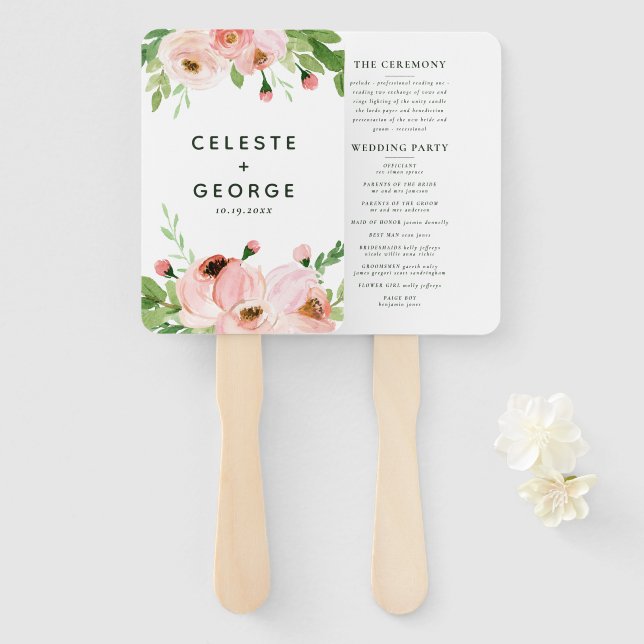 Leque Casamento floral cor-de-rosa (Frente e Verso)