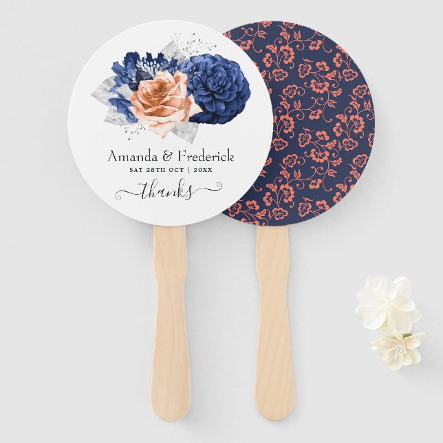 Leque Casamento Floral Coral, Azul Marinho e Prata (Frente e Verso)