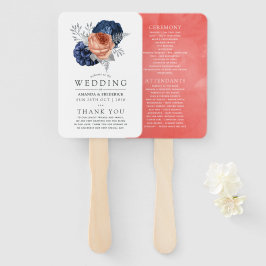 Leque Casamento Floral Coral, Azul Marinho e Prata