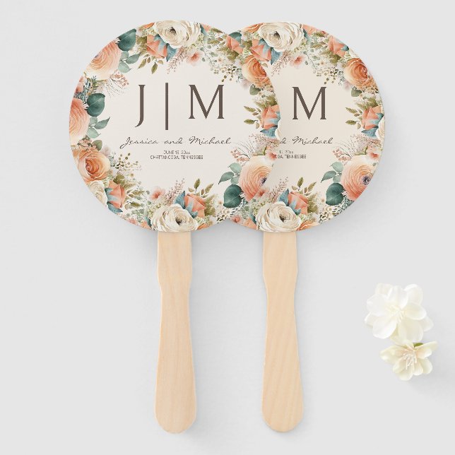 Leque Casamento Floral de Eucalipto com Creme de Pêssego (Frente e Verso)