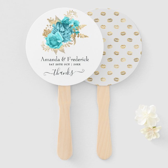 Leque Casamento Floral em Azul Água e Dourado (Frente e Verso)