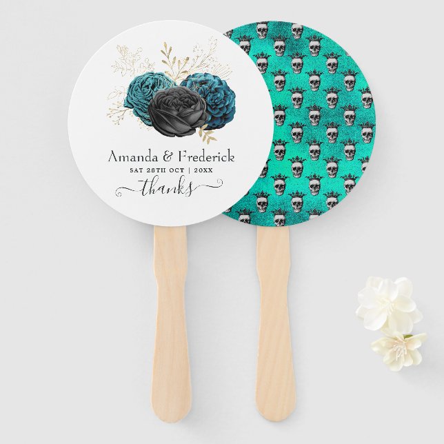 Leque Casamento Floral Gótico em Verde Azul e Dourado (Frente e Verso)