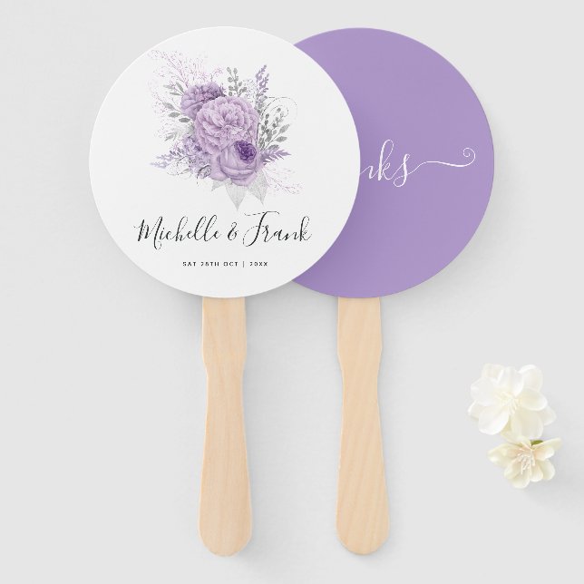 Leque Casamento Floral Lavanda e Prata (Frente e Verso)