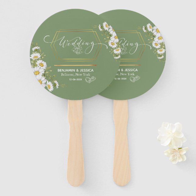 Leque Casamento Floral Minimalista Dourado Sage Green (Frente e Verso)