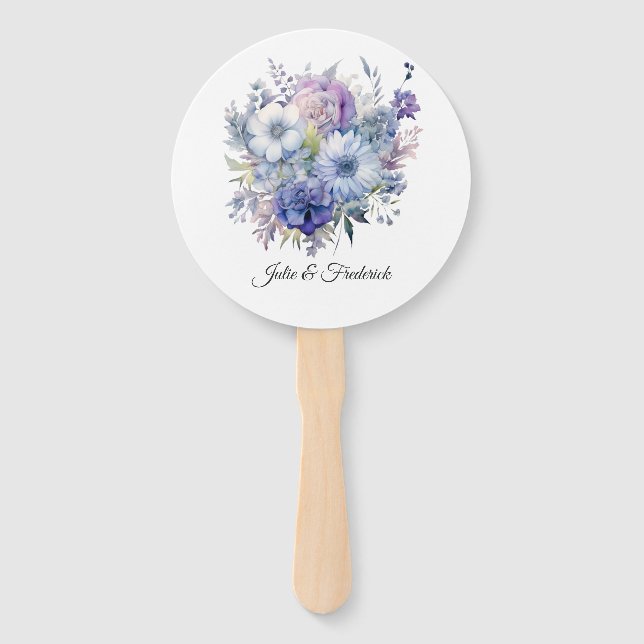 Leque Casamento Floral Prateado, Azul Gelo e Lilás (Frente)