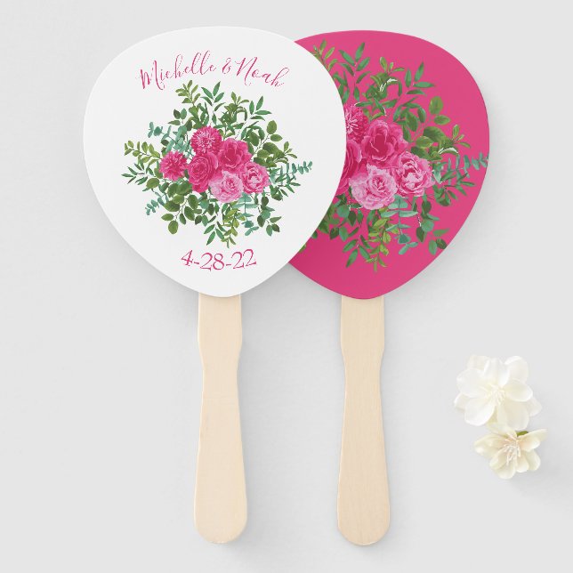 Leque Casamento Floral Rosa Brilhante (Frente e Verso)