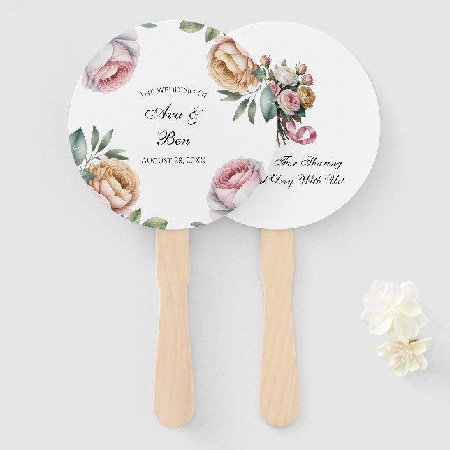 Leque Casamento Floral Rosa e Bege (Frente e Verso)