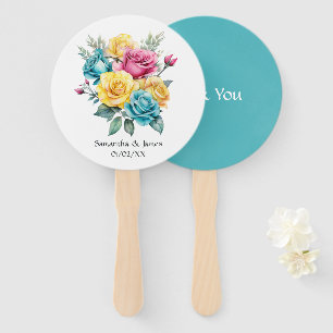 Leque Casamento Floral Turquesa, Amarelo e Rosa