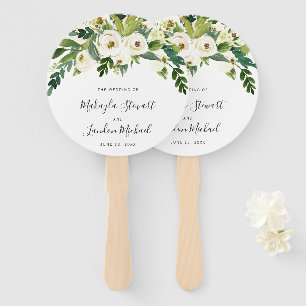Leque Casamento Floral Verde Elegante com Aquarela Branc