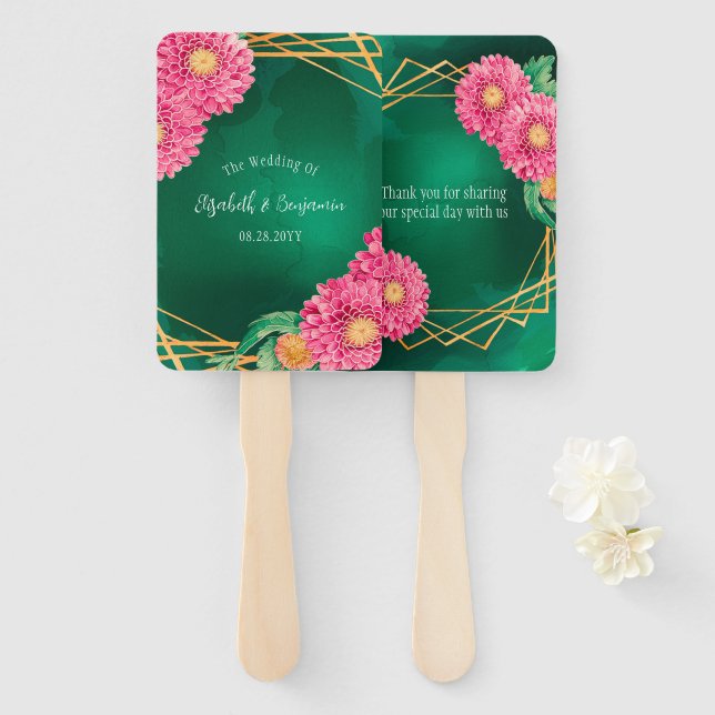 Leque Casamento Geométrico Dourado dos Cristântemos Rosa (Frente e Verso)