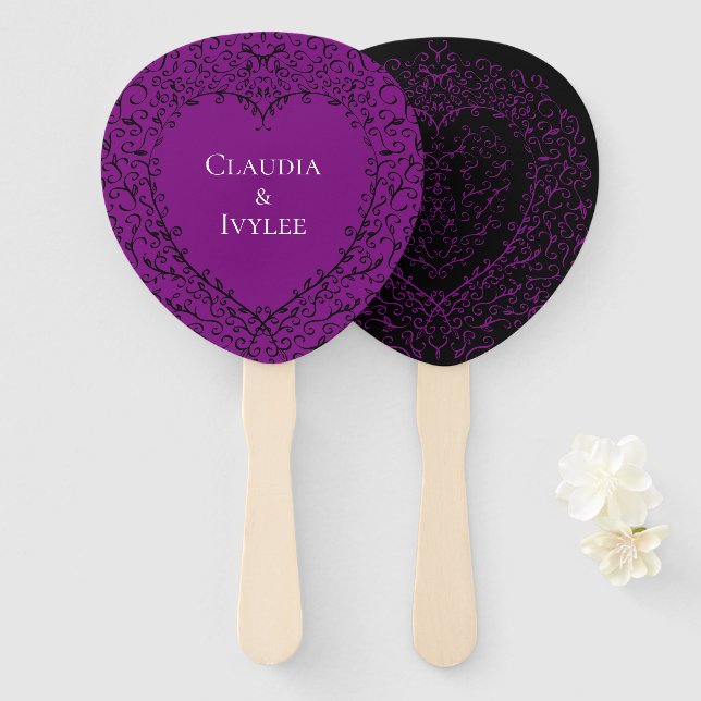 Leque Casamento Gótico de Coração Preto Roxo (Frente e Verso)