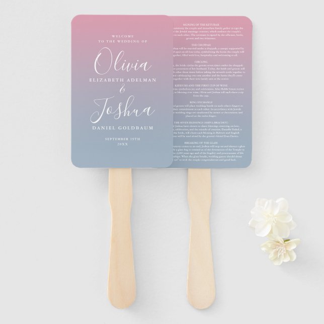 Leque Casamento Judaico com Efeito Ombre Rosa e Azul Emp (Frente e Verso)