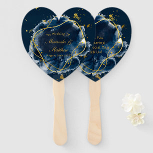 Leque Casamento marinho Azul e Geométrico Dourado