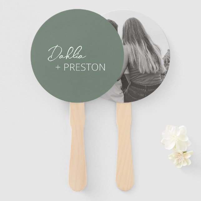 Leque Casamento Moderno Verde Sage Minimalista (Frente e Verso)