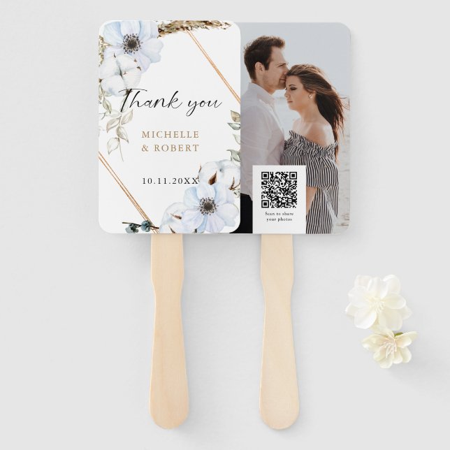 Leque Casamento Obrigado QR Foto Floral Boho Dourado (Frente e Verso)