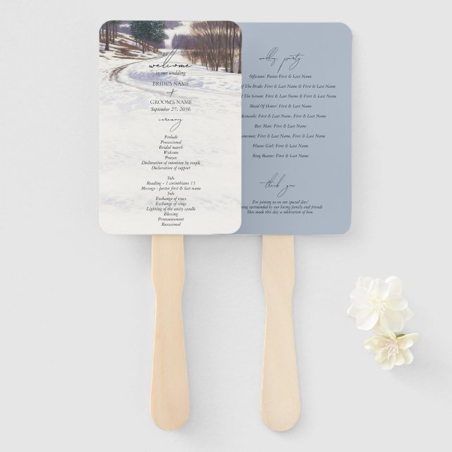 Leque Casamento Paisagem de Neve de Inverno em Aquarela (Frente e Verso)