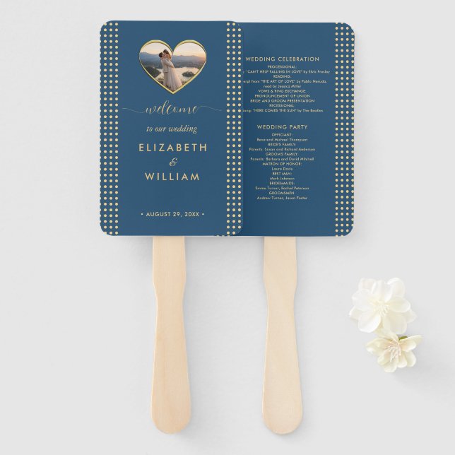 Leque Casamento personalizado com bolinhas douradas e az (Frente e Verso)