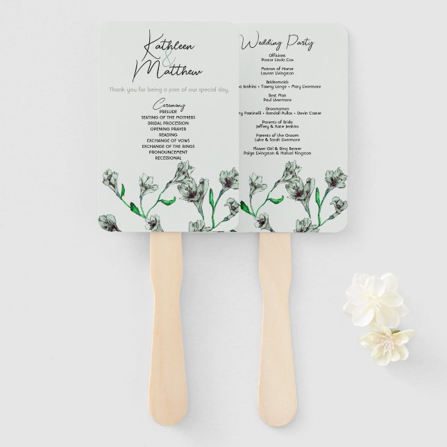 Leque Casamento por Aquarela Floral Verde Sage (Frente e Verso)