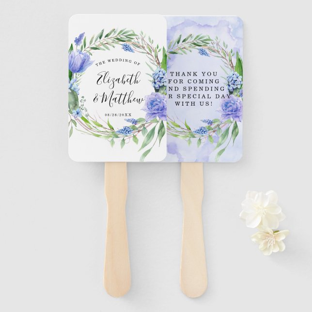 Leque Casamento Púrpura Azul Tulipa Hyacinth Peony (Frente e Verso)