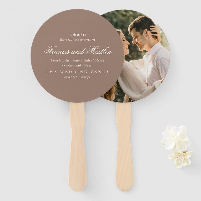 Leque Casamento Romântico Marrom Elegante (Frente e Verso)