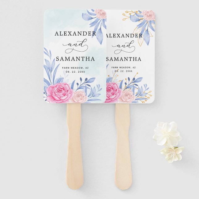 Leque Casamento Rosa Rosa Rosa, Rosa, Dourada, com Gilde (Frente e Verso)