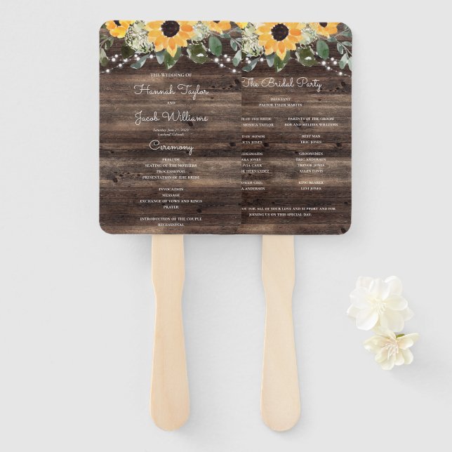Leque Casamento Rustic Sunflower Eucalyptus Wood (Frente e Verso)
