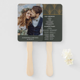 Leque Casamento Verde Dourado com Arte Elegante