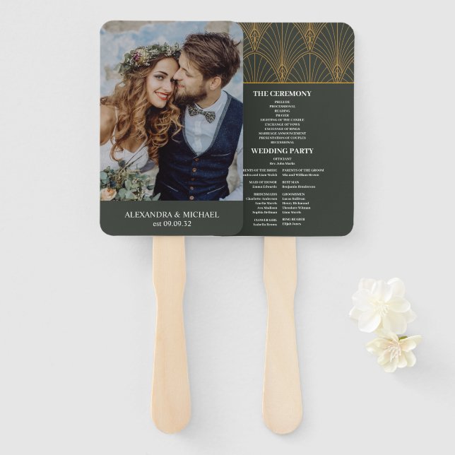 Leque Casamento Verde Dourado com Arte Elegante (Frente e Verso)