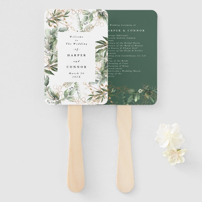 Leque Casamento Verde Eucalyptus Moderno Premium Sage (Frente e Verso)