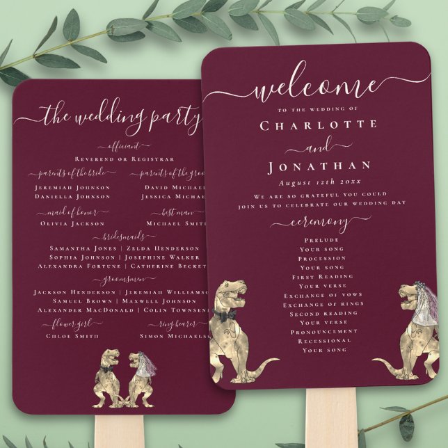 Leque Cerimônia de Casamento de Dinossauro Vinho Tinto C (T-Rex bride and groom dinosaur burgundy wine cream wedding ceremony program fans Elegant script)