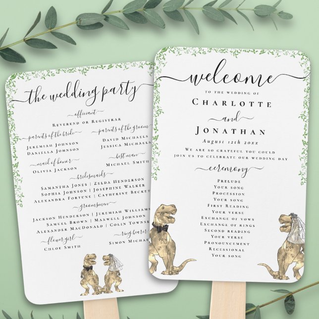 Leque Cerimônia de Casamento de Dinossauros Programa Pre (T-Rex bride and groom funny dinosaur wedding ceremony program fans)