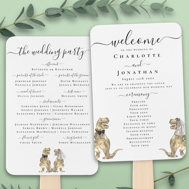 Leque Cerimônia de Casamento de Dinossauros Programa Pre (T-Rex bride and groom funny dinosaur wedding ceremony program fan Elegant modern script )