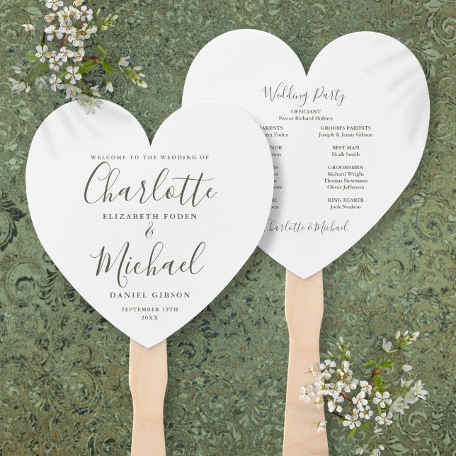 Leque Cerimônia de Casamento de Roteiro Verde-oliva (Olive Green Script Wedding Ceremony Heart Hand Fan)