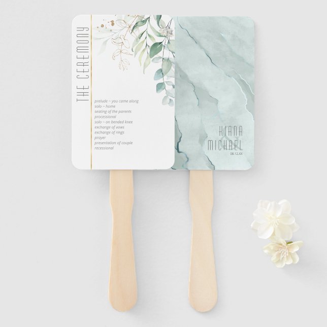 Leque Cerimônia de Casamento Dreamy Greenery Verde/Azul  (Frente e Verso)