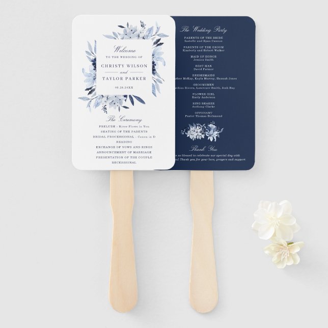 Leque Cerimônia de Casamento Floral Azul Moderna de Wate (Frente e Verso)