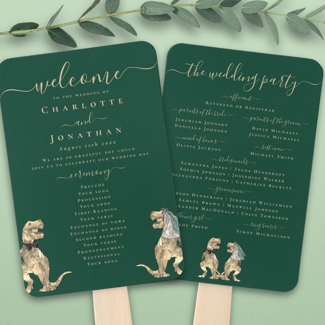 Leque Cerimônia de Casamento Temática de Dinossauros Pro (Dinosaur theme wedding program dark green fan fun T-Rex bride and groom dinos elegant modern script )