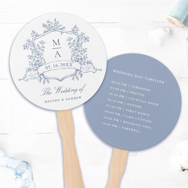Leque Cesto Azul Clássico Crest Cerimônia de Casamento (Front & Back)